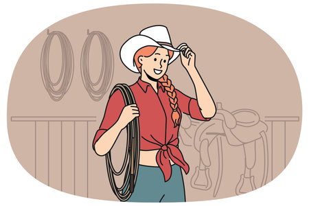 Woman jockey stands in stable wearing cowboy hat and holding long rope waiting for horses to appear.のイラスト素材
