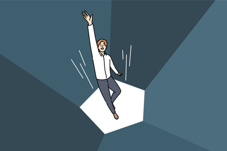 Business man jumps getting out of trap and achieving goal in career growth, flying in superhero pose