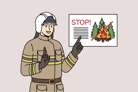 Man firefighter reminds of ban on lighting fires in forest, standing in work uniform and helmetのイラスト素材
