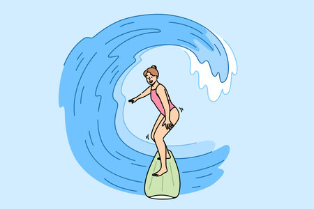 Woman surfer rides waves on surfboard, enjoying active summer holiday at seaside resortのイラスト素材