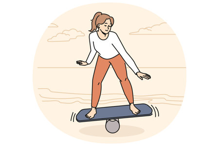 Toned woman balancing on board on beachのイラスト素材