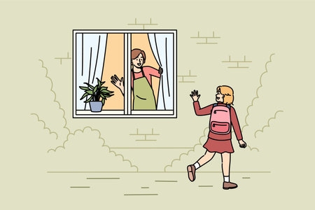 Mom sees off little daughter at school and waves hand out window, rejoicing at presence of childのイラスト素材