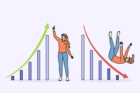 Woman courier near rising and falling graph symbolizing changing trends in logistics businessのイラスト素材