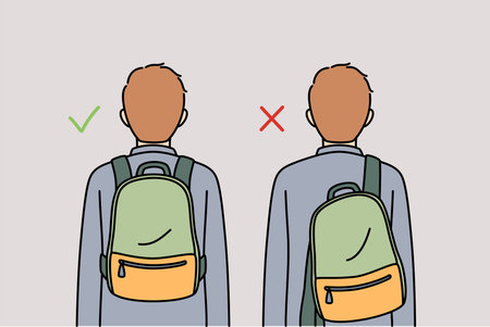 Correct and incorrect wearing of backpack behind back negatively affects spine and posture studentのイラスト素材