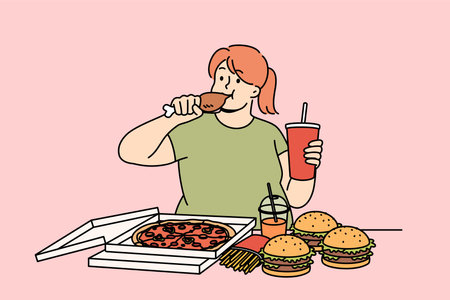 Young woman eats fast food and drinks soda, becoming addicted to harmful caloriesのイラスト素材