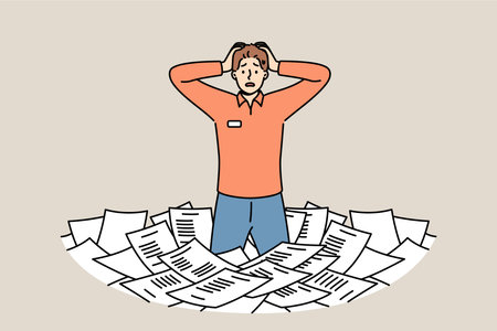 Paperwork and bureaucracy frighten man standing among pile of paper documents and clutching headのイラスト素材