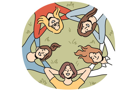 Group of girls lies on grass and looks up smiling enjoying vacation in park in hot summer weatherのイラスト素材