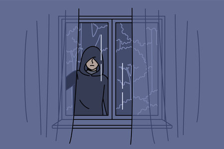 Stalker peers out of apartment window at night, causing fear due to violation of personal spaceのイラスト素材