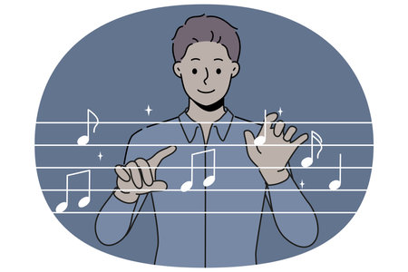 Man conductor moves hands, standing near imaginary notes and comes up with new musical compositionのイラスト素材