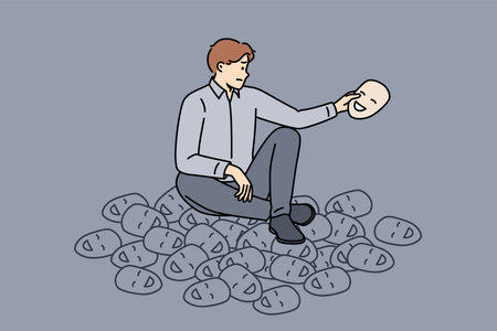 Masks with fake smile around man who uses hypocrisy to communicate with colleagues on daily basisのイラスト素材