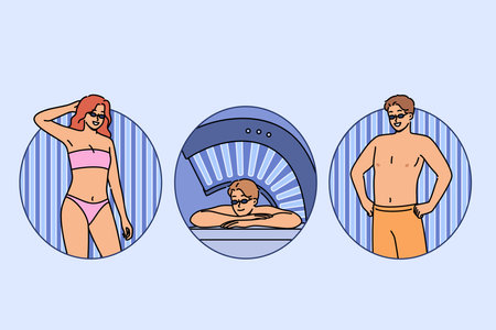 People sunbathe in solarium, standing or lying among blue lamps that allow them to give bodies tanのイラスト素材