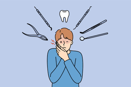 Man suffers from pain in teeth and appearance of caries, stands among dental instrumentsのイラスト素材