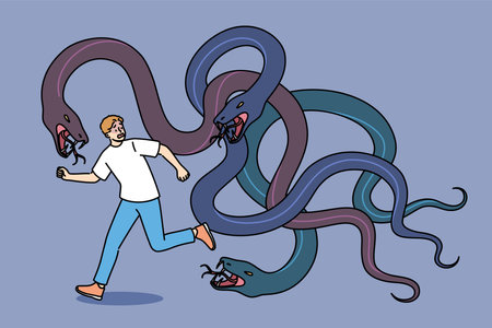 Giant snakes chase frightened man suffering from panic attacks caused by schizophreniaのイラスト素材
