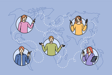 International social network of people over world map for global freelancers team conceptのイラスト素材