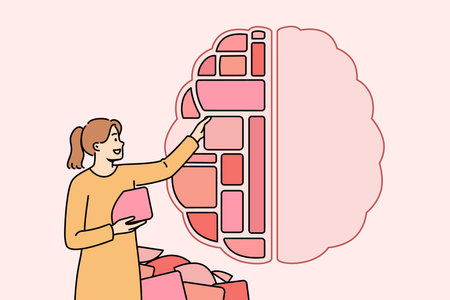 Woman structures knowledge in form of blocks inside brain to improve cognitive processesのイラスト素材