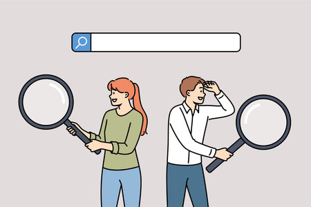 Business people in search of information for drawing up corporate strategy stand near search barのイラスト素材