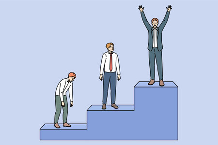 Business man who wins professional competition raises hands up while standing at top career ladderのイラスト素材