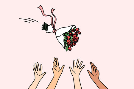 Maids of honor catch bride bouquet during wedding ceremony and traditional game for womenのイラスト素材