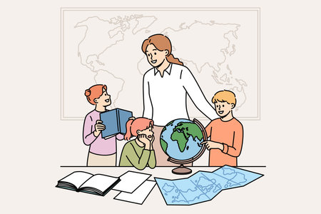 Geography teacher teaches small children using maps and globes or atlases, standing in classroomのイラスト素材