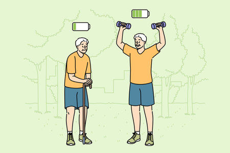 Elderly man plays sports in park and feels presence of energy, standing next to lethargic friendのイラスト素材