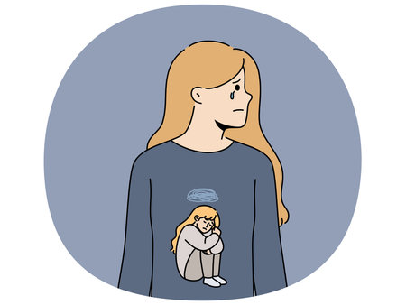 Woman cries due to stress and depression caused by psychological trauma in childhoodのイラスト素材
