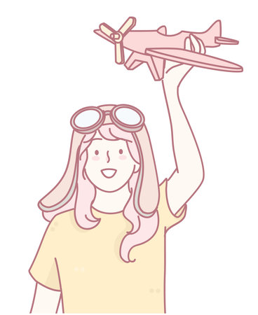 A cheerful young aviator joyfully celebrating his imaginative adventure with a toy airplaneのイラスト素材