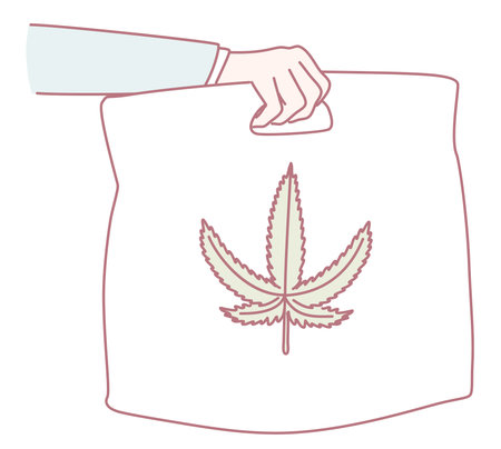 Illustration of a Hand Holding a Cannabis Leaf Bag Featuring Unique Design Elementsのイラスト素材