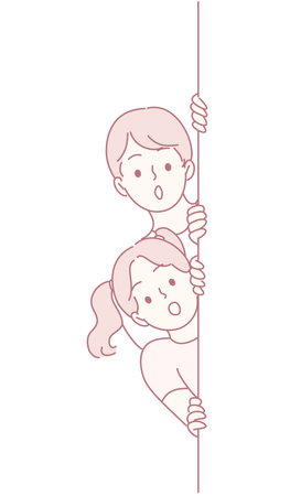 Characters filled with curiosity are playfully peeking around a large, colorful poleのイラスト素材
