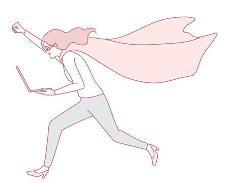 An Empowered Businesswoman is Running with a Laptop while wearing a Stylish Capeのイラスト素材