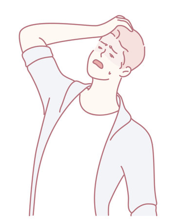A Frustrated Young Man with One Hand on His Head Showing Deep Thought and Concernのイラスト素材
