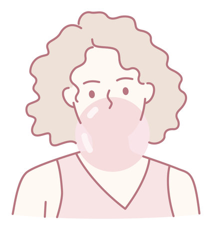 A Charming and Colorful Illustration Depicting a Girl Joyfully Blowing Bubble Gum in the Airのイラスト素材