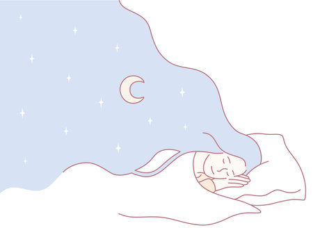 A Dreamy Sleep Illustration featuring Beautiful Stars and a Serene Moon in the Night Skyのイラスト素材