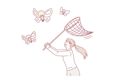 Woman with net catch butterfly light bulbsのイラスト素材