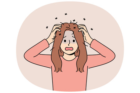 Woman has contracted lice and is itching due to lice crawling through hair and needs medicationのイラスト素材