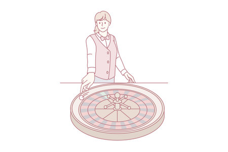 Smiling female croupier spin roulette in casinoのイラスト素材