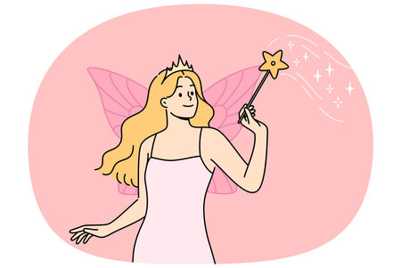 Fairy woman with wings behind back and magic wand performs magic, dressed in dress and crownのイラスト素材