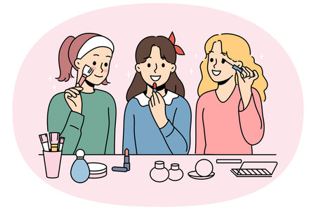 Little girls do makeup using lipstick and mascara or powder to prepare for school partyのイラスト素材