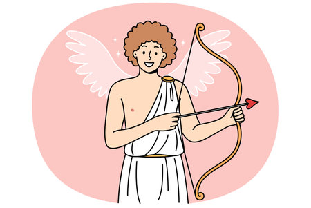 Smiling cherub with cupid bow and arrow, congratulates on valentine day and calls for loveのイラスト素材
