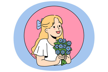 Little girl with bouquet wildflowers, rejoicing at change season or preparing flowers for mother dayのイラスト素材