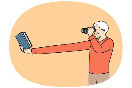 Myopic elderly man uses binoculars to read book, needs corrective surgery on eye pupilsのイラスト素材