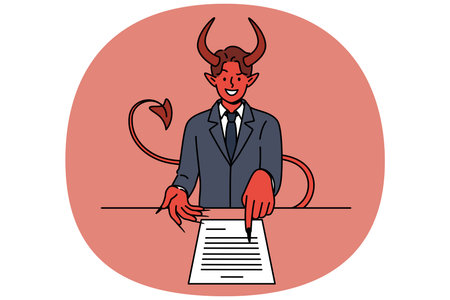 Devil offers to sign business contract lying on table in order to sell soul to satan