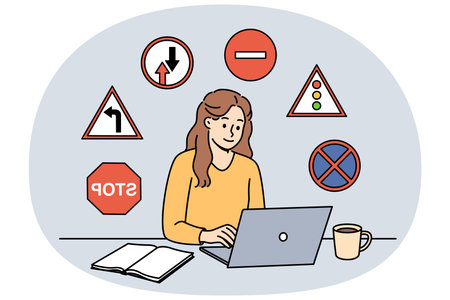 Woman studies traffic rules via laptop, preparing to take theoretical exam to obtain driver license