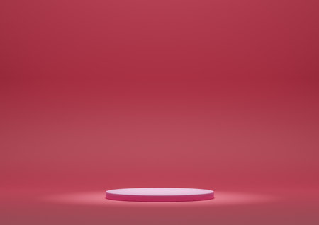 Product Display Stand or Podium in Minimal Composition with Spotlight Lighting from The Top. 3D Rendering Bright Pink Background with Cylinder Platform.の写真素材