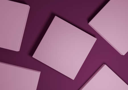 Dark magenta, purple, 3D render minimal, simple top view flat lay product display background with podium stands and geometric shapesの写真素材