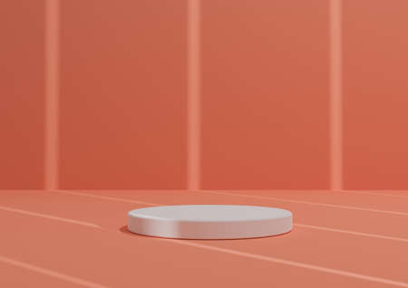 Simple, Minimal 3D Render Composition with One White Cylinder Podium or Stand on Abstract Striped Shadow Pastel Orange Background for Product Display.の写真素材