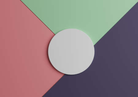 White circle stand or podium for product display. Top view 3D render of minimal colorful light green and pink, purple paper composition background with copy spaceの写真素材