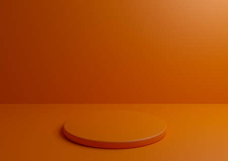Monochrome podium for product advertising and marketing. Minimal orange 3D studio composition with geometric shapes and round standの写真素材