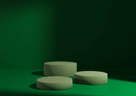 Three light green podiums or stands on bright green background for product display. Minimal composition for product display 3D rendering mockup. Window light coming from right side.の写真素材