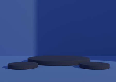 3D rendering of product display with three podiums or stands. Simple, minimal dark blue composition...