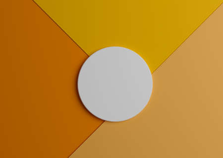 White circle stand or podium for product display. Top view 3D render of minimal colorful orange and yellow paper composition background with copy spaceの写真素材